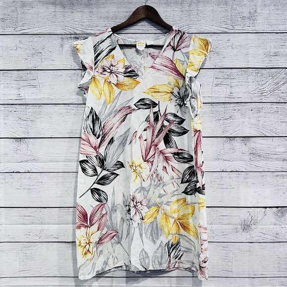 C&C California Dress Size Large Linen Tropical Floral Ruffle Sleeveless Shift - Picture 1 of 7